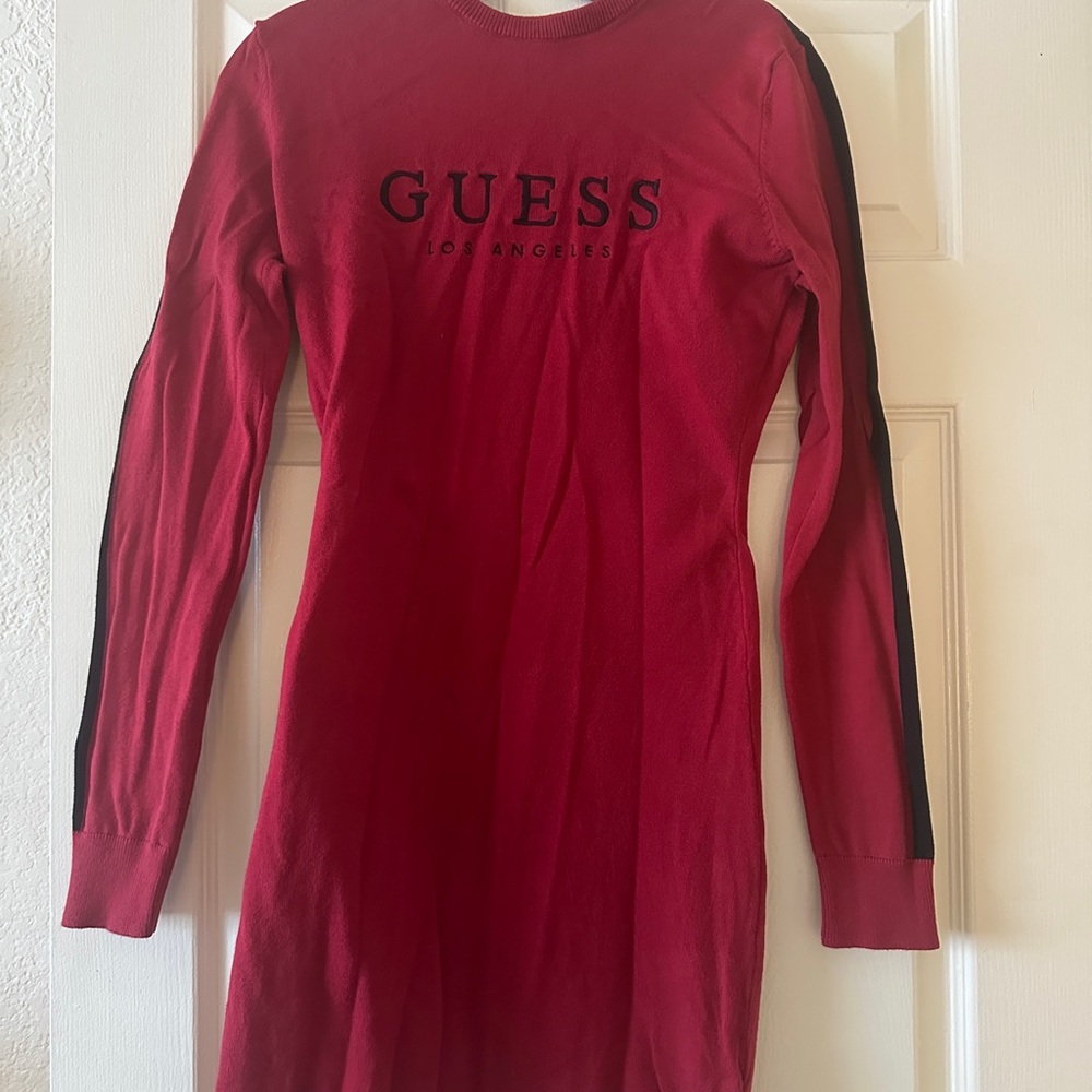 GUESS Red Knit Long Sleeve Logo Dress with Black Stripes